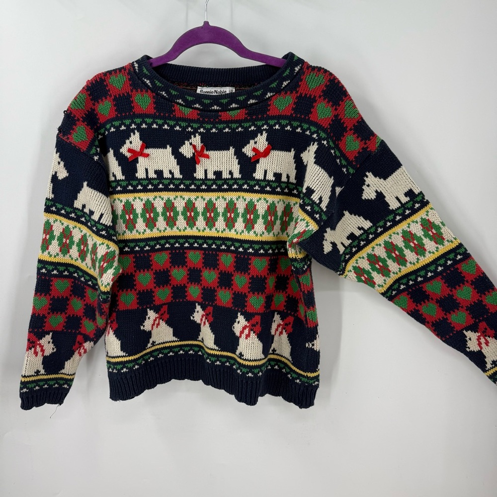 Bonnie Nobel vintage colorful novelty Scottie dog Christmas fairisle sweater, M